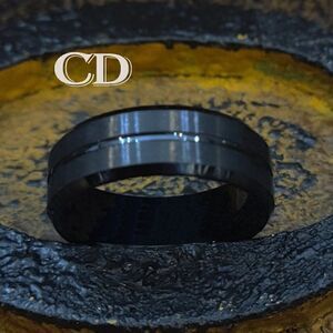Men's Black Groove Wedding Ring Band - Grooved Black Wedding Ring For Guys